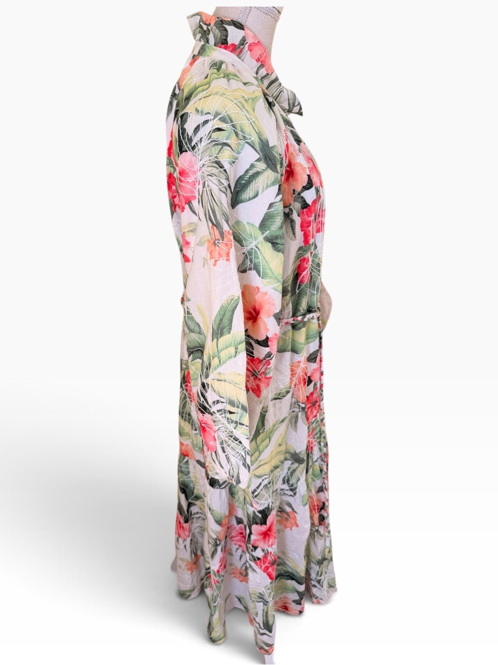 Tommy Bahama Daybreak Hibiscus" Green/Pink Floral Tiered 3/4 Sleeve Midi Dress - Picture 7 of 12